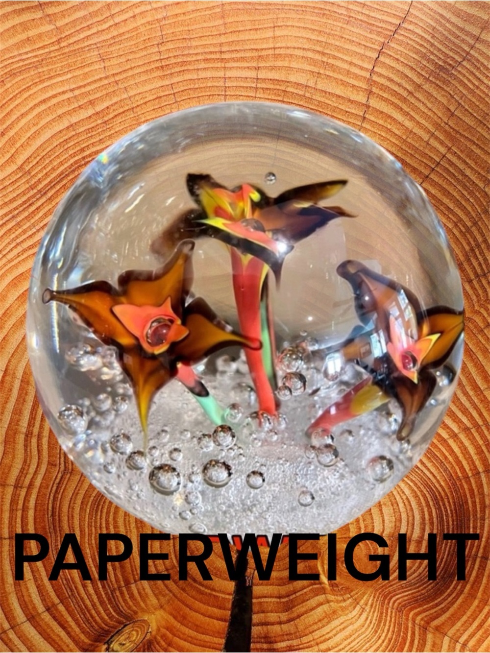 Glass Floral Paperweight - Orange, Yellow, Brown & Red Decorative Orb